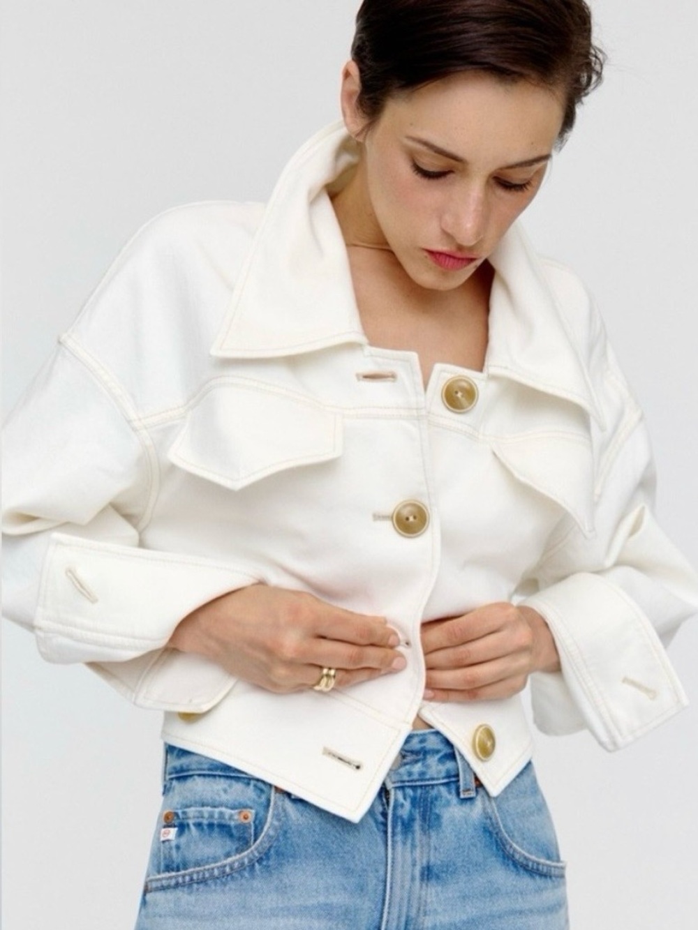 Maeve Anthropologie Oversized Cropped Denim Jacket White L Buttons